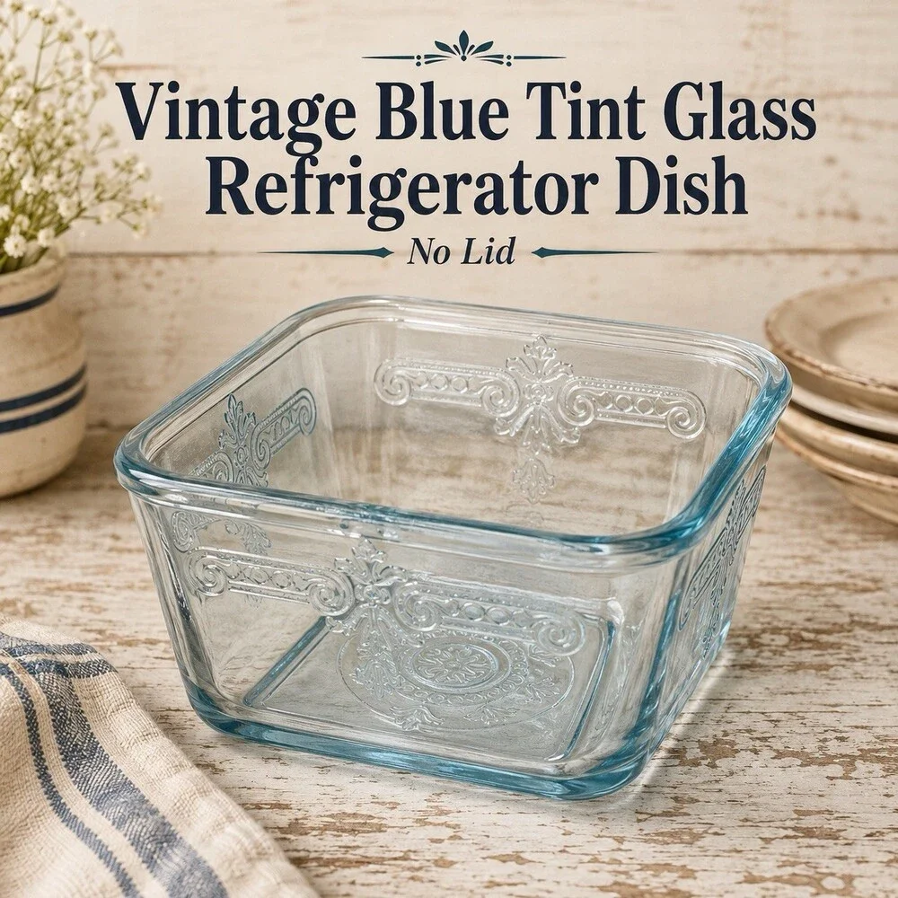 Vintage Blue Tint Glass Refrigerator Dish Embossed Floral Scroll No Lid